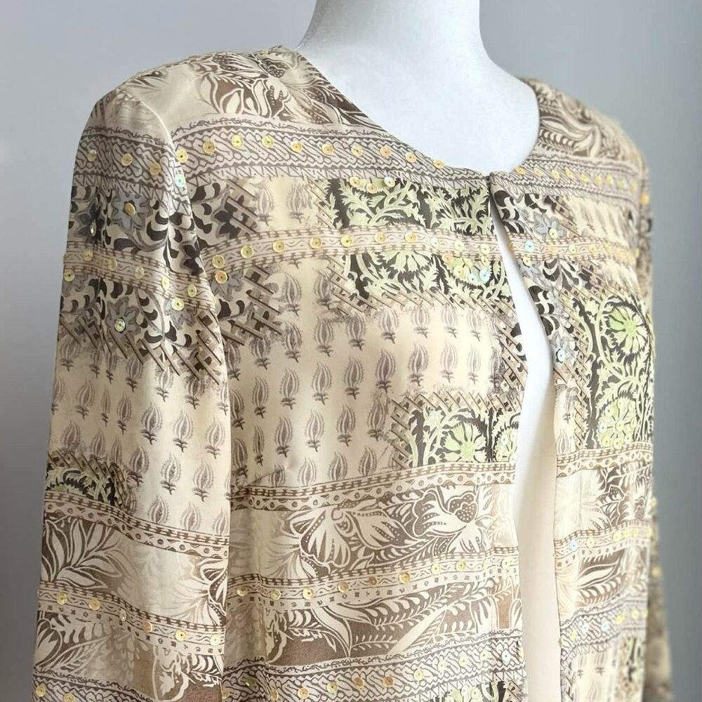 Joseph Ribkoff Sand Sequin Embellished Semi-Sheer Open Front Top w/ Trim – US 14